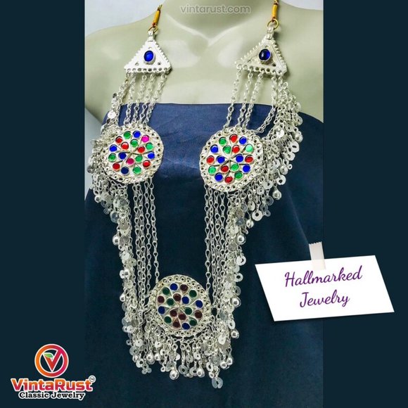 Multilayers Silver Bib Necklace With Dangling Tassels and Three Big Motifs - Picture 5 of 10